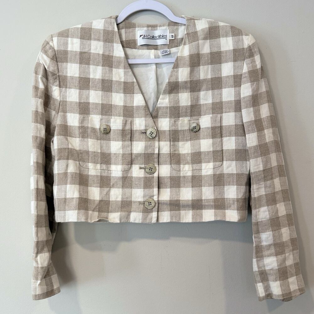 Vintage JH Collectibles 100% Linen Gingham Cropped Women Blazer Size 12 - Picture 3 of 12